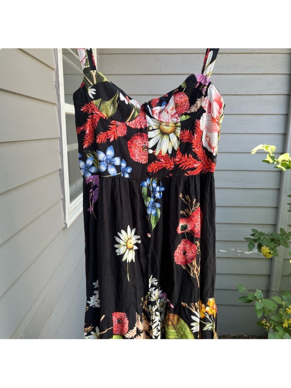 Agua Bendita Black Dress with Floral Accents
